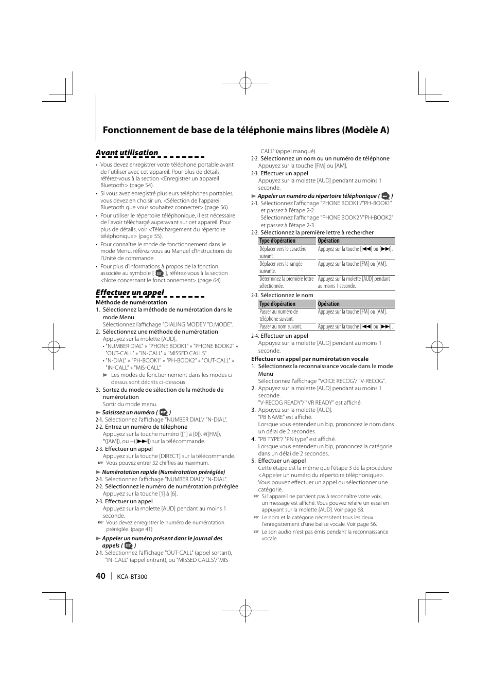 Avant utilisation, Effectuer un appel | Kenwood KCA-BT300 User Manual | Page 40 / 104