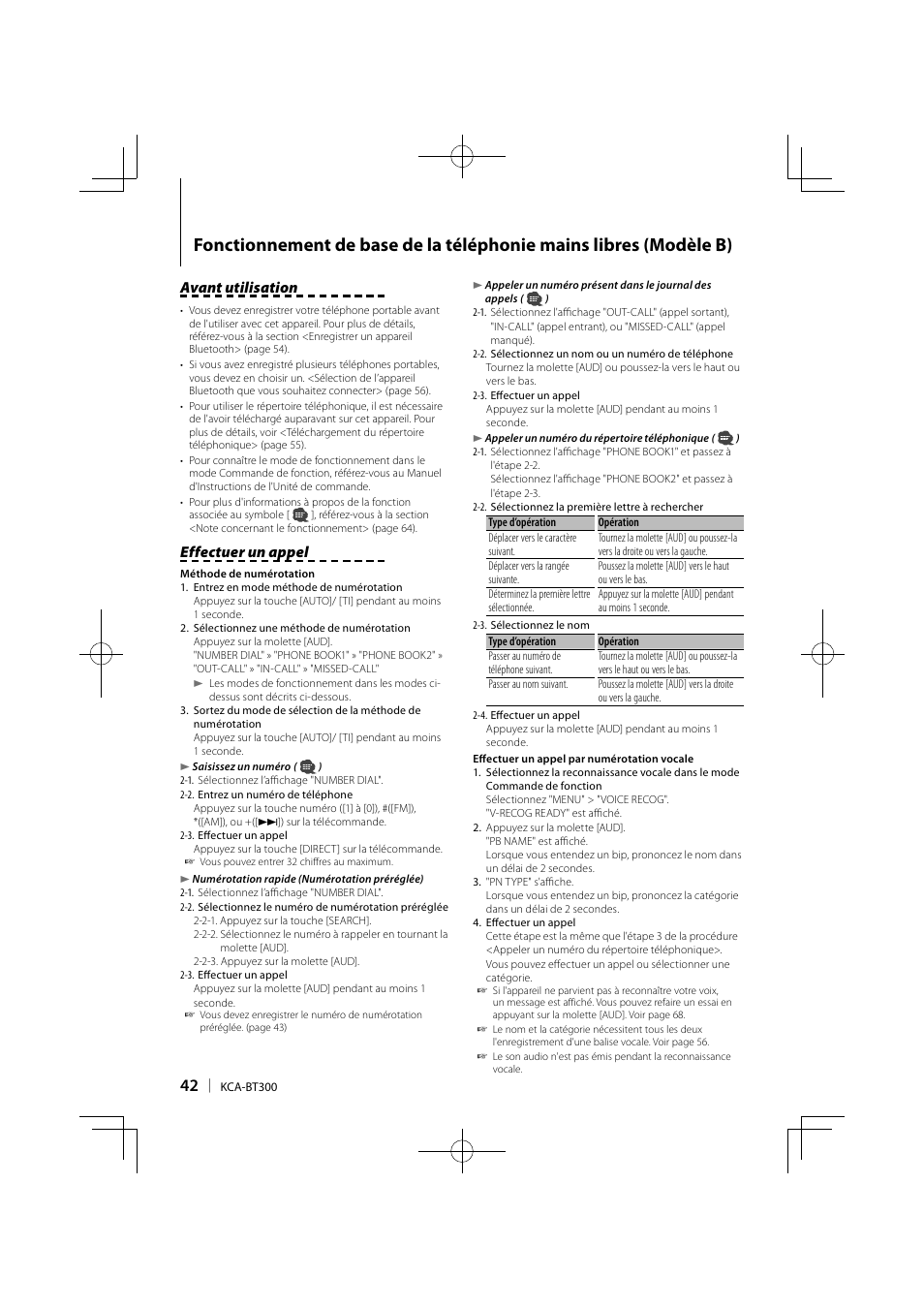 Avant utilisation, Effectuer un appel | Kenwood KCA-BT300 User Manual | Page 42 / 104