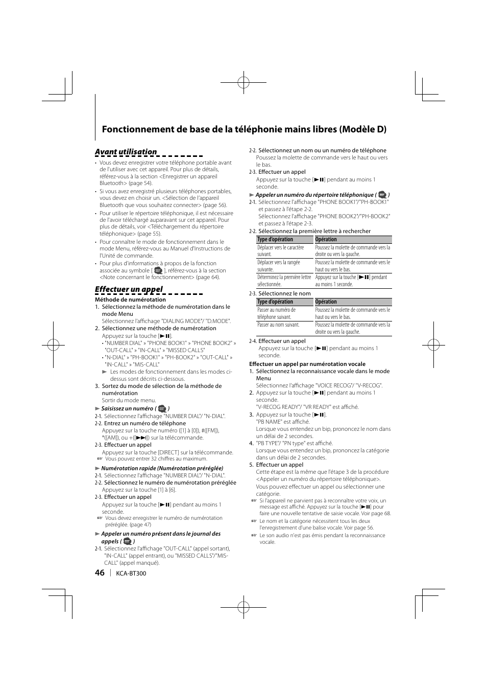 Avant utilisation, Effectuer un appel | Kenwood KCA-BT300 User Manual | Page 46 / 104