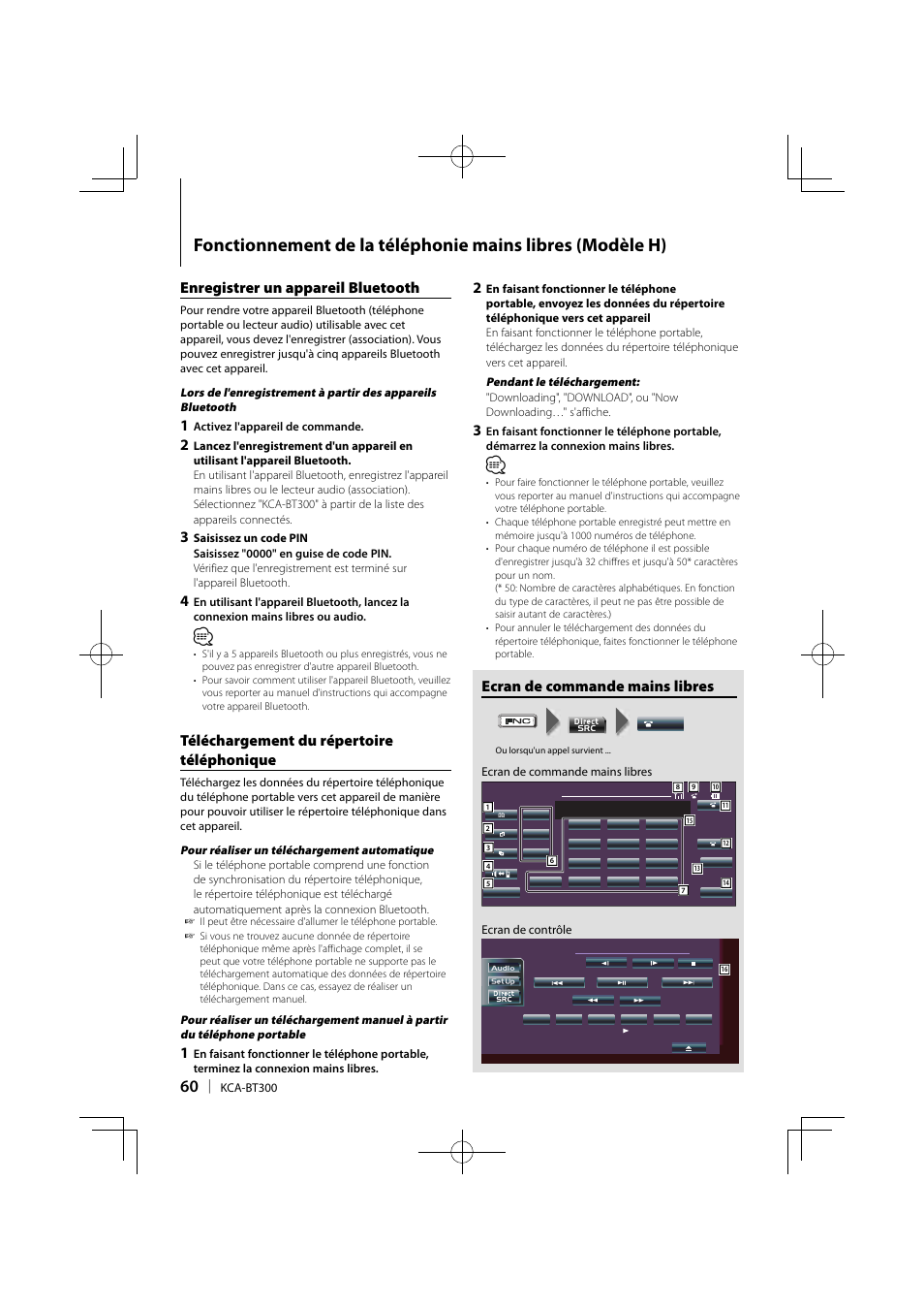Ecran de commande mains libres, Enregistrer un appareil bluetooth, Téléchargement du répertoire téléphonique | Kenwood KCA-BT300 User Manual | Page 60 / 104