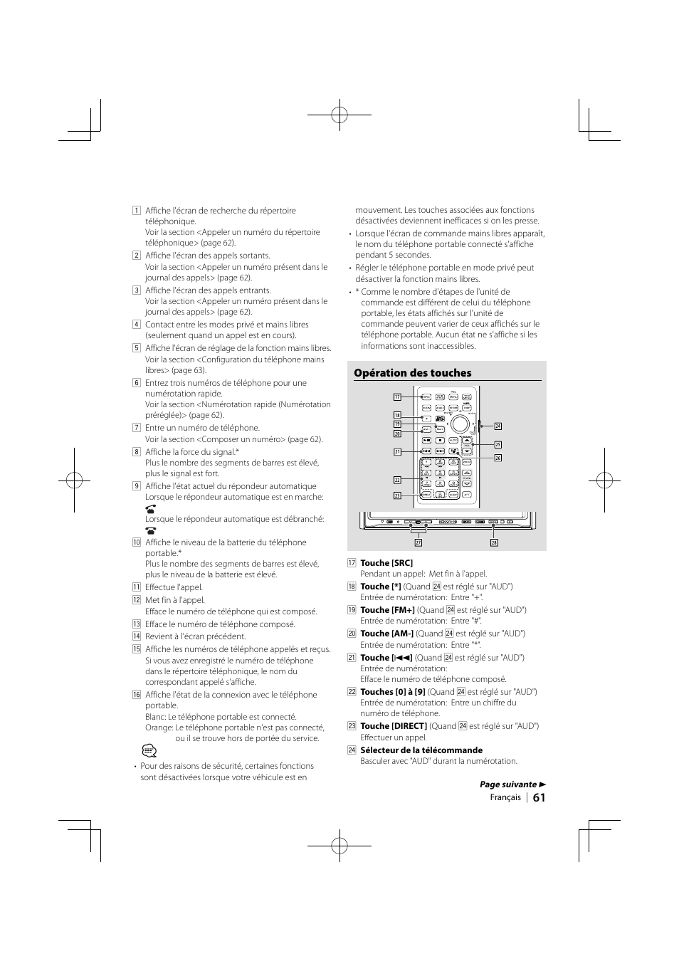 Opération des touches | Kenwood KCA-BT300 User Manual | Page 61 / 104
