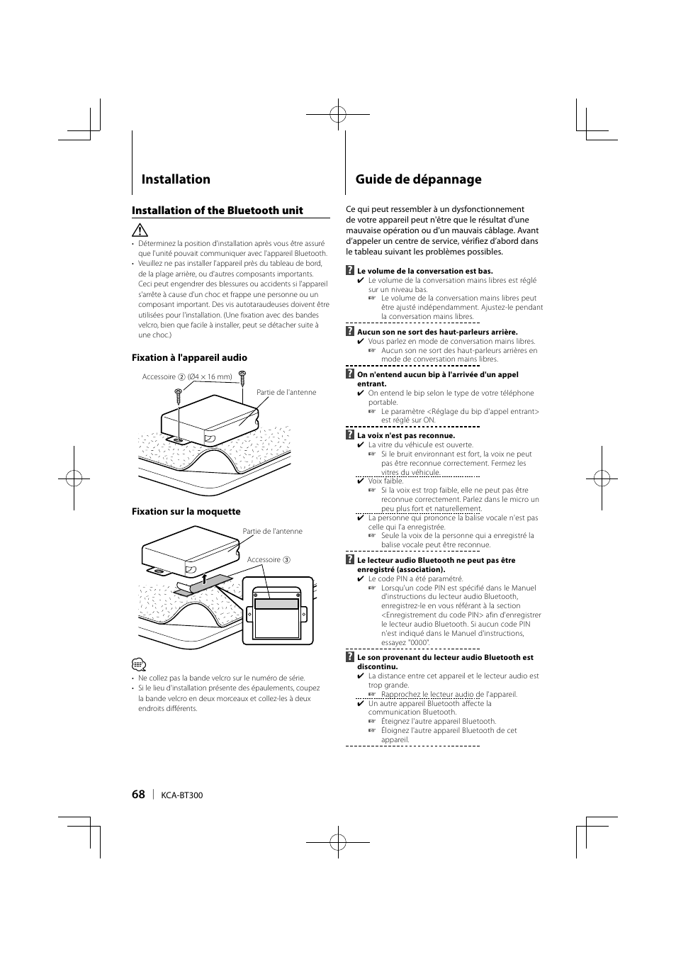 Guide de dépannage, Installation | Kenwood KCA-BT300 User Manual | Page 68 / 104