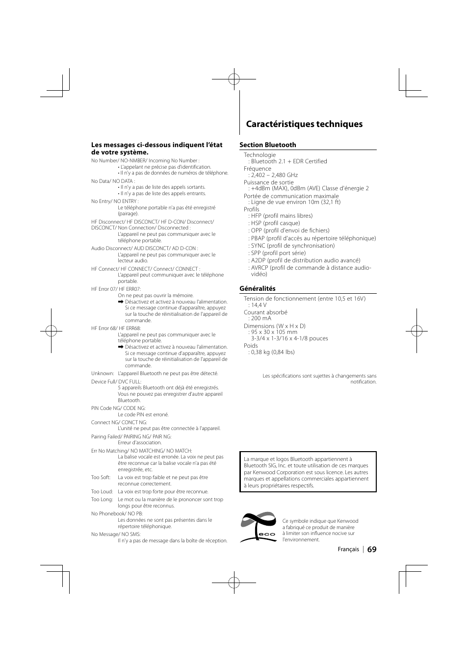 Caractéristiques techniques | Kenwood KCA-BT300 User Manual | Page 69 / 104