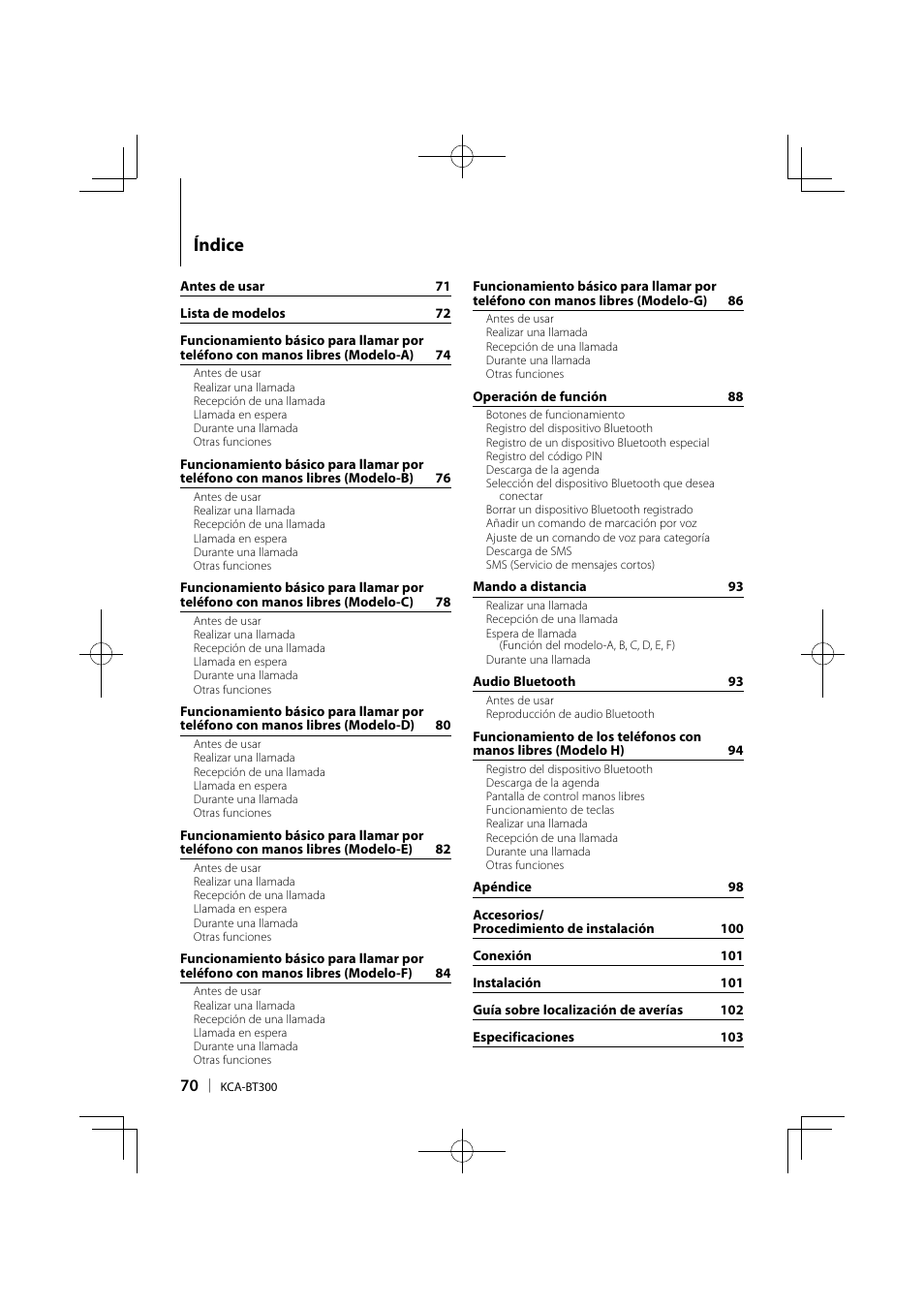 Índice | Kenwood KCA-BT300 User Manual | Page 70 / 104