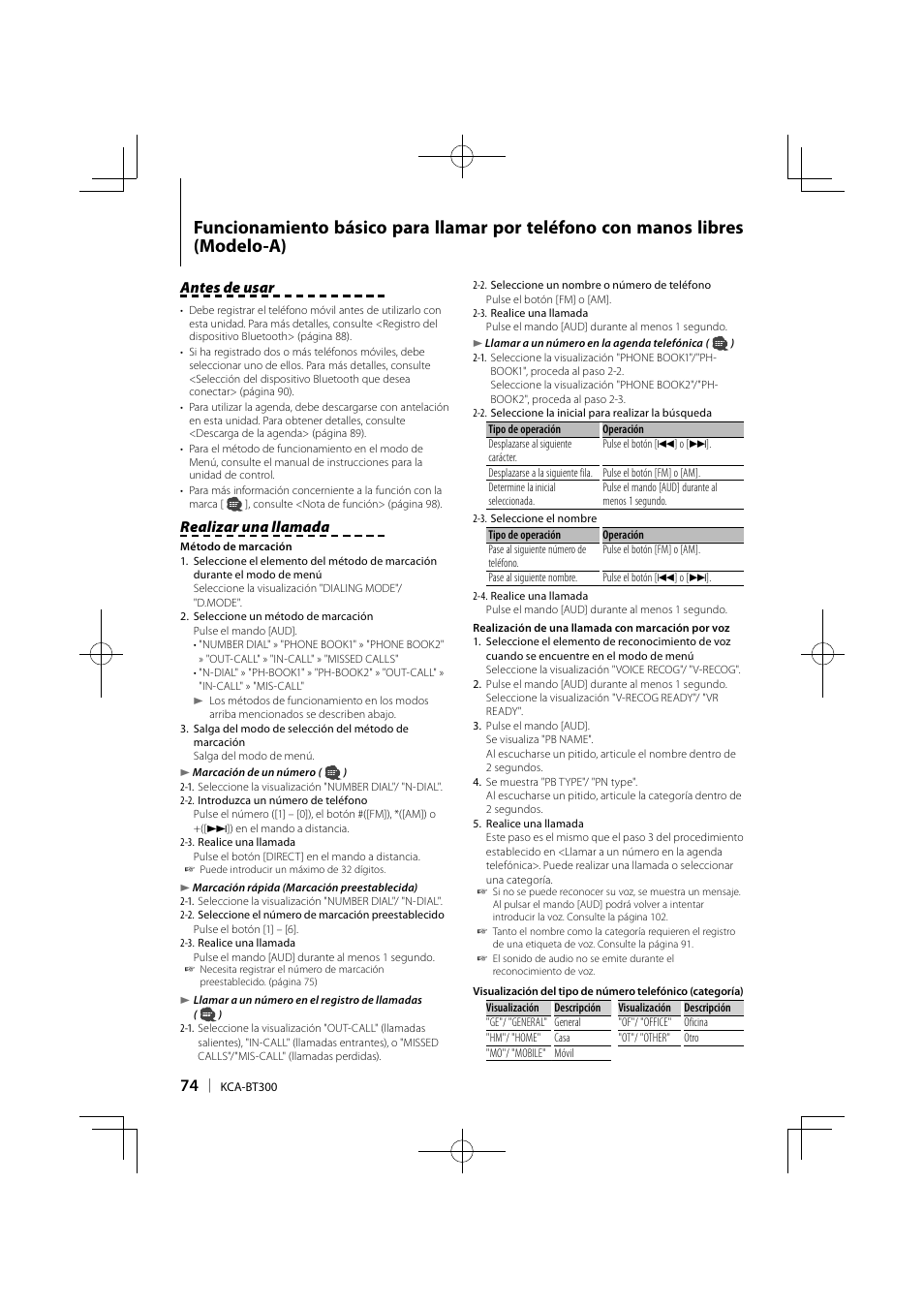 Antes de usar, Realizar una llamada | Kenwood KCA-BT300 User Manual | Page 74 / 104