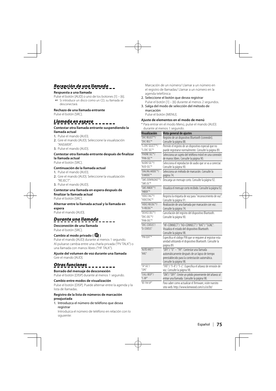 Recepción de una llamada, Llamada en espera, Durante una llamada | Otras funciones | Kenwood KCA-BT300 User Manual | Page 75 / 104