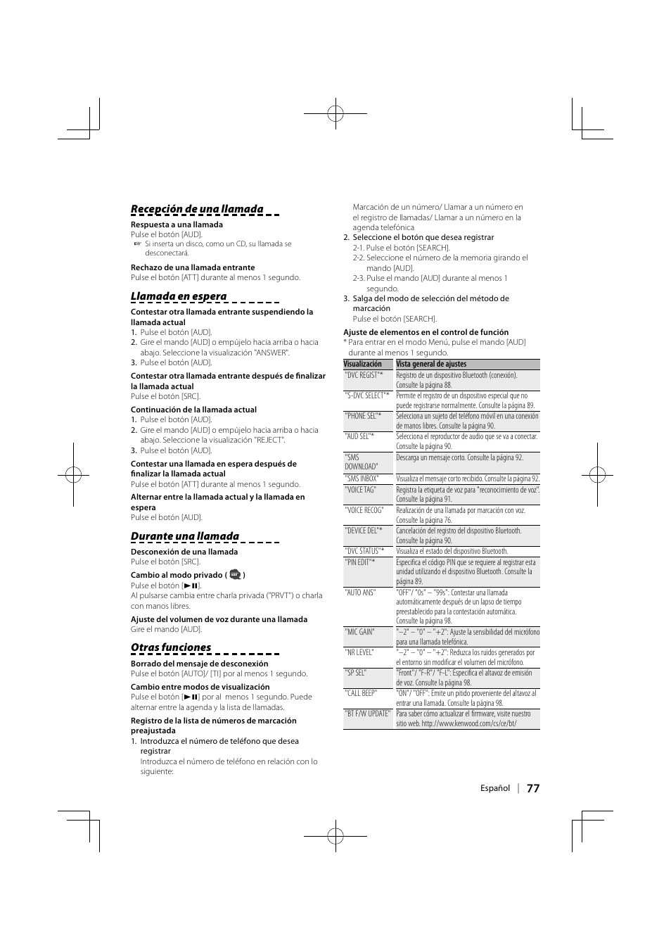 Recepción de una llamada, Llamada en espera, Durante una llamada | Otras funciones | Kenwood KCA-BT300 User Manual | Page 77 / 104