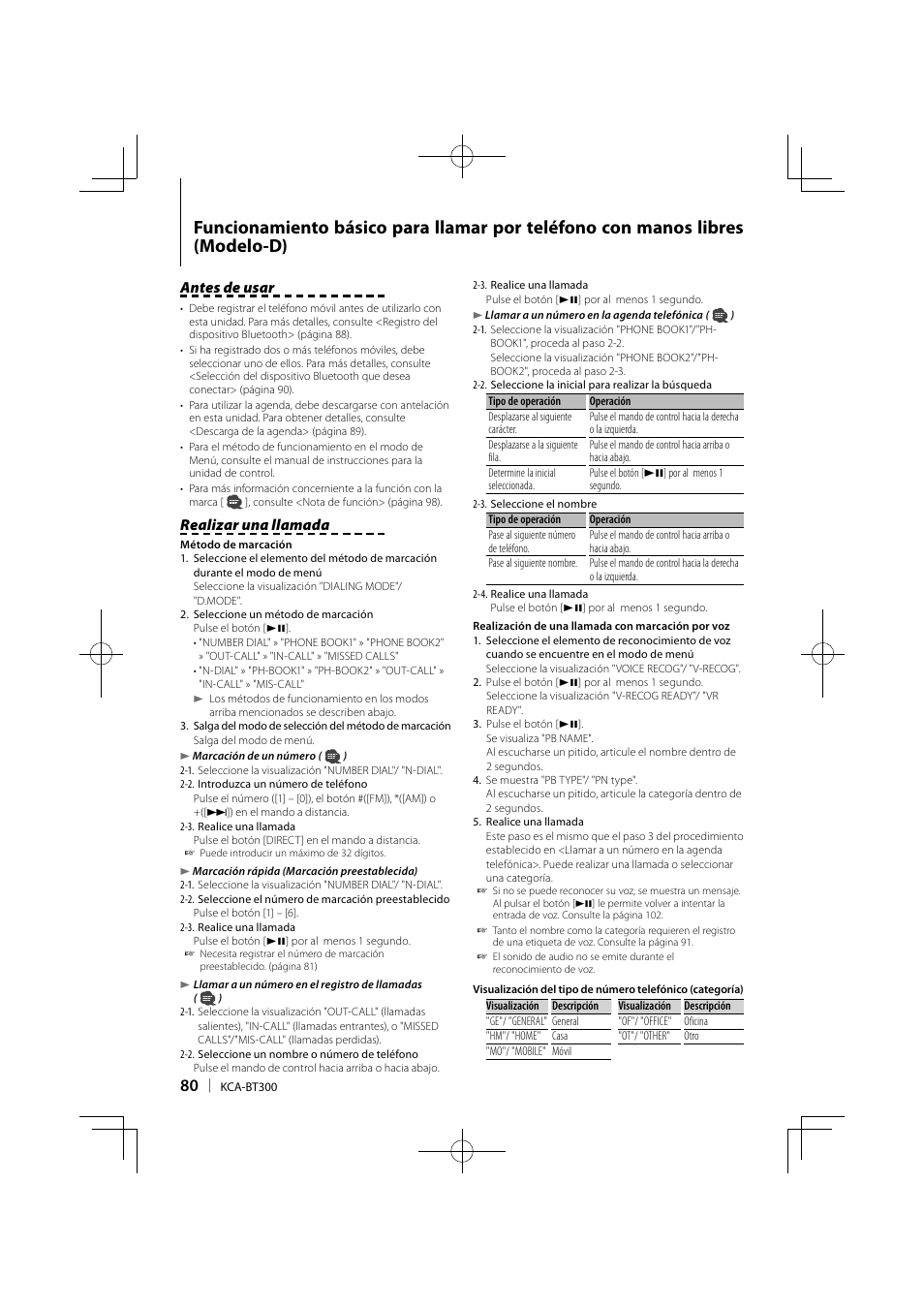 Antes de usar, Realizar una llamada | Kenwood KCA-BT300 User Manual | Page 80 / 104