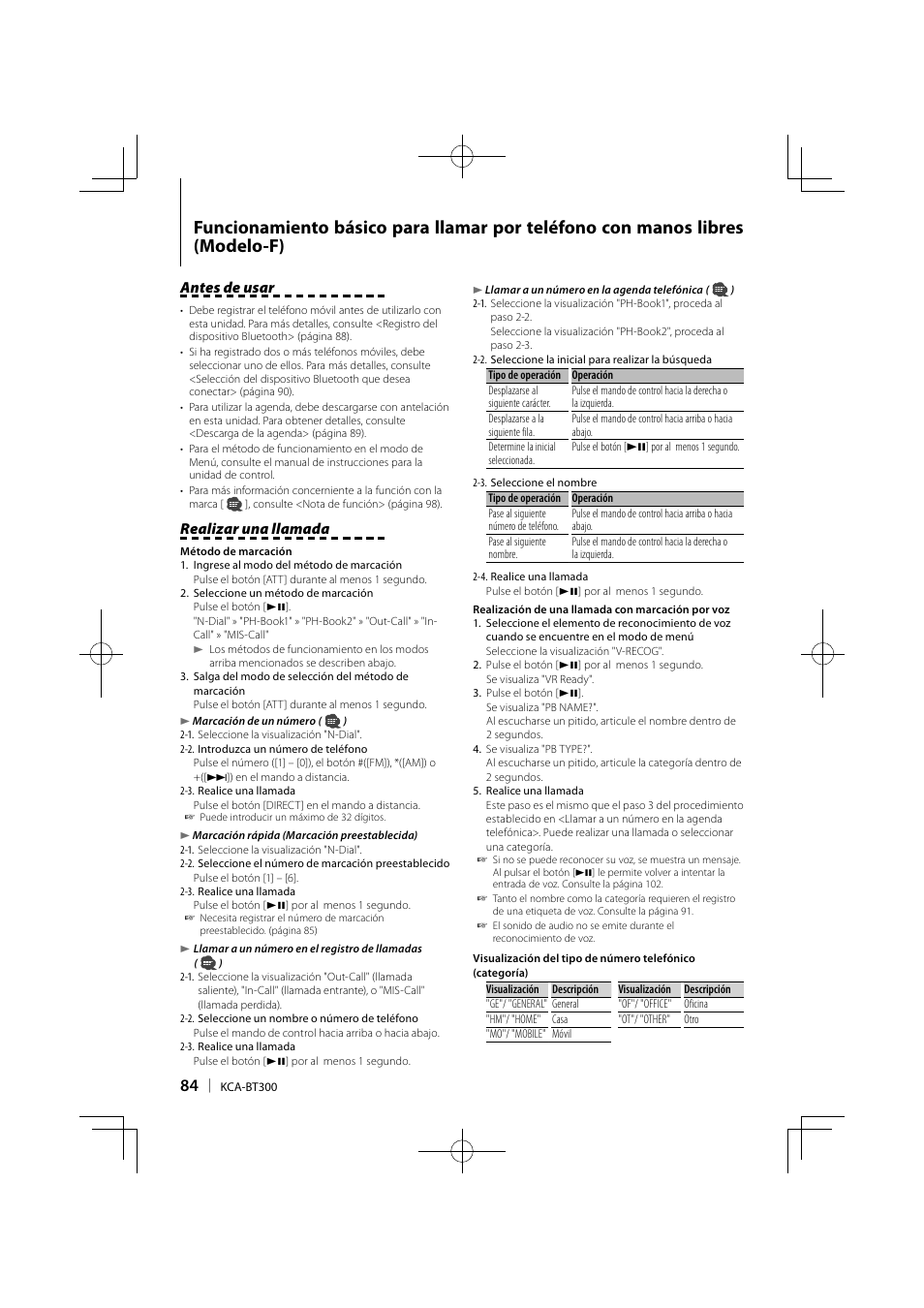 Antes de usar, Realizar una llamada | Kenwood KCA-BT300 User Manual | Page 84 / 104