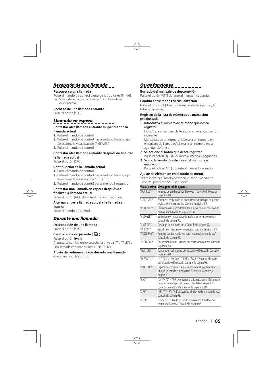 Recepción de una llamada, Llamada en espera, Durante una llamada | Otras funciones | Kenwood KCA-BT300 User Manual | Page 85 / 104