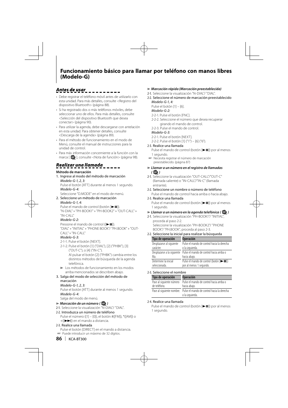 Antes de usar, Realizar una llamada | Kenwood KCA-BT300 User Manual | Page 86 / 104