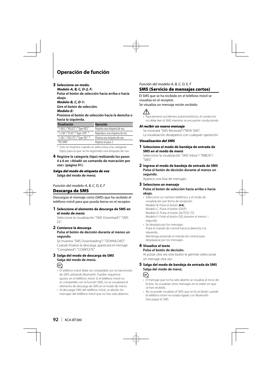 Operación de función | Kenwood KCA-BT300 User Manual | Page 92 / 104