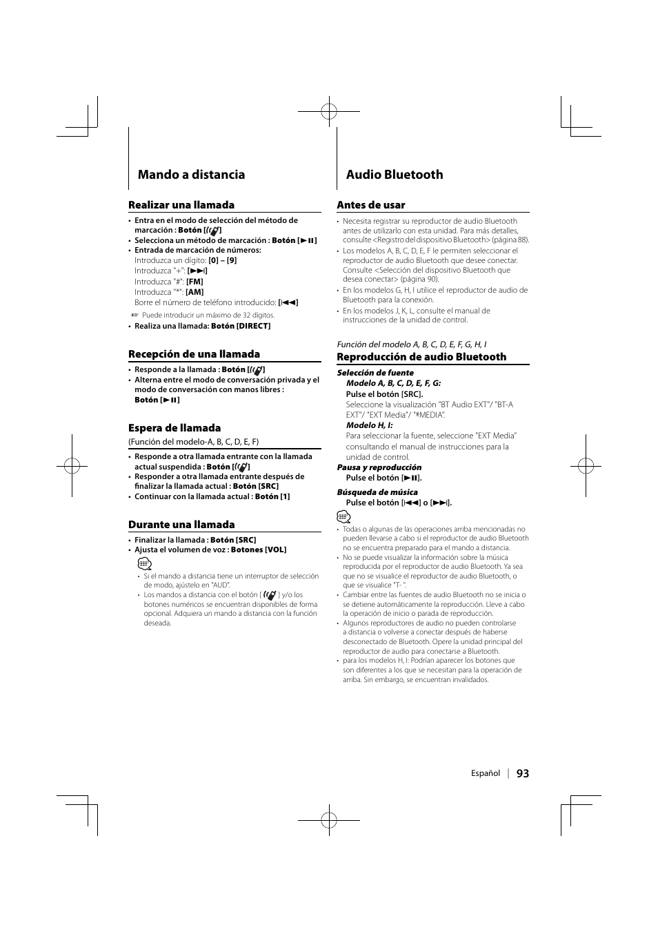 Mando a distancia, Audio bluetooth | Kenwood KCA-BT300 User Manual | Page 93 / 104