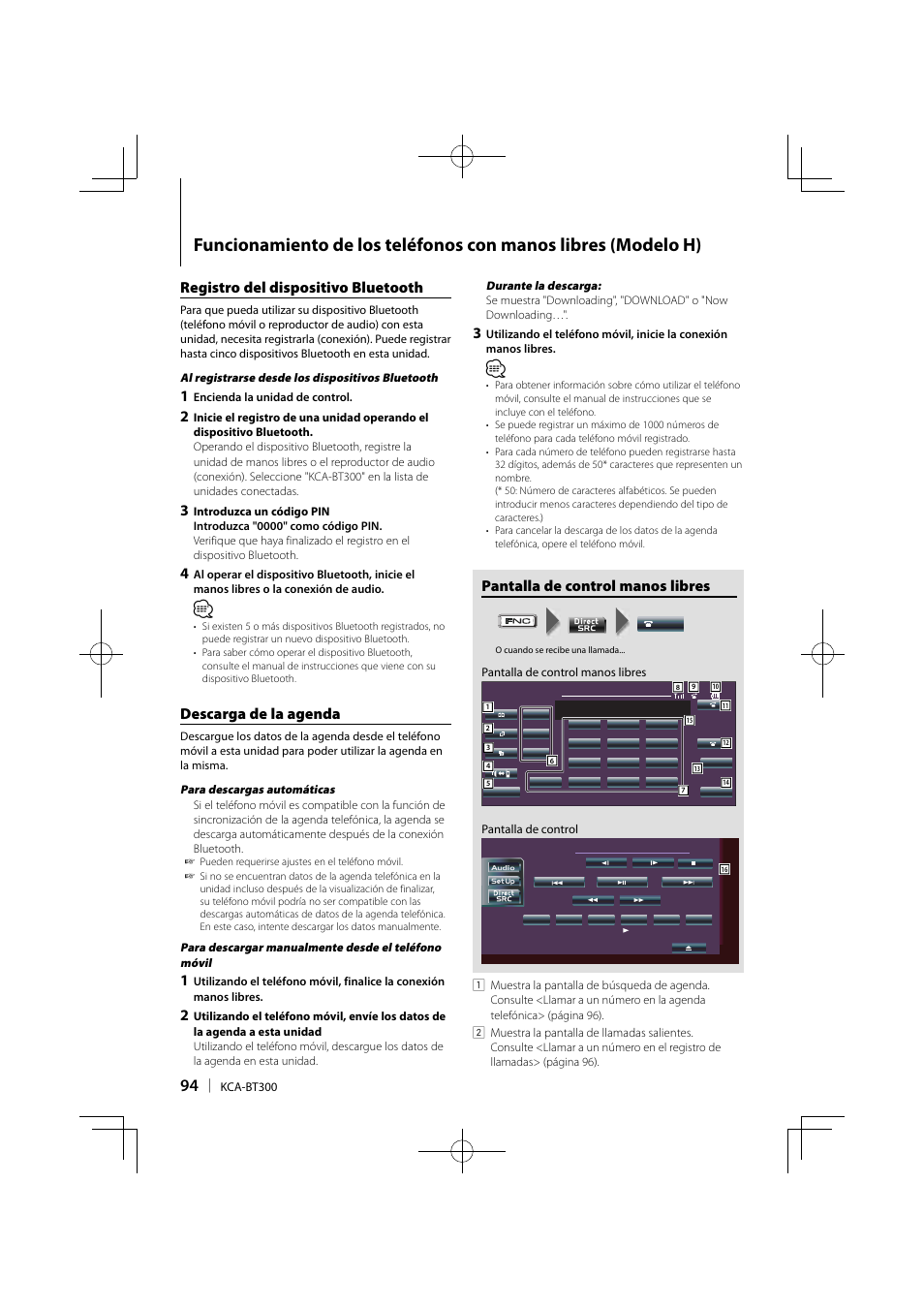 Pantalla de control manos libres, Registro del dispositivo bluetooth, Descarga de la agenda | Kenwood KCA-BT300 User Manual | Page 94 / 104