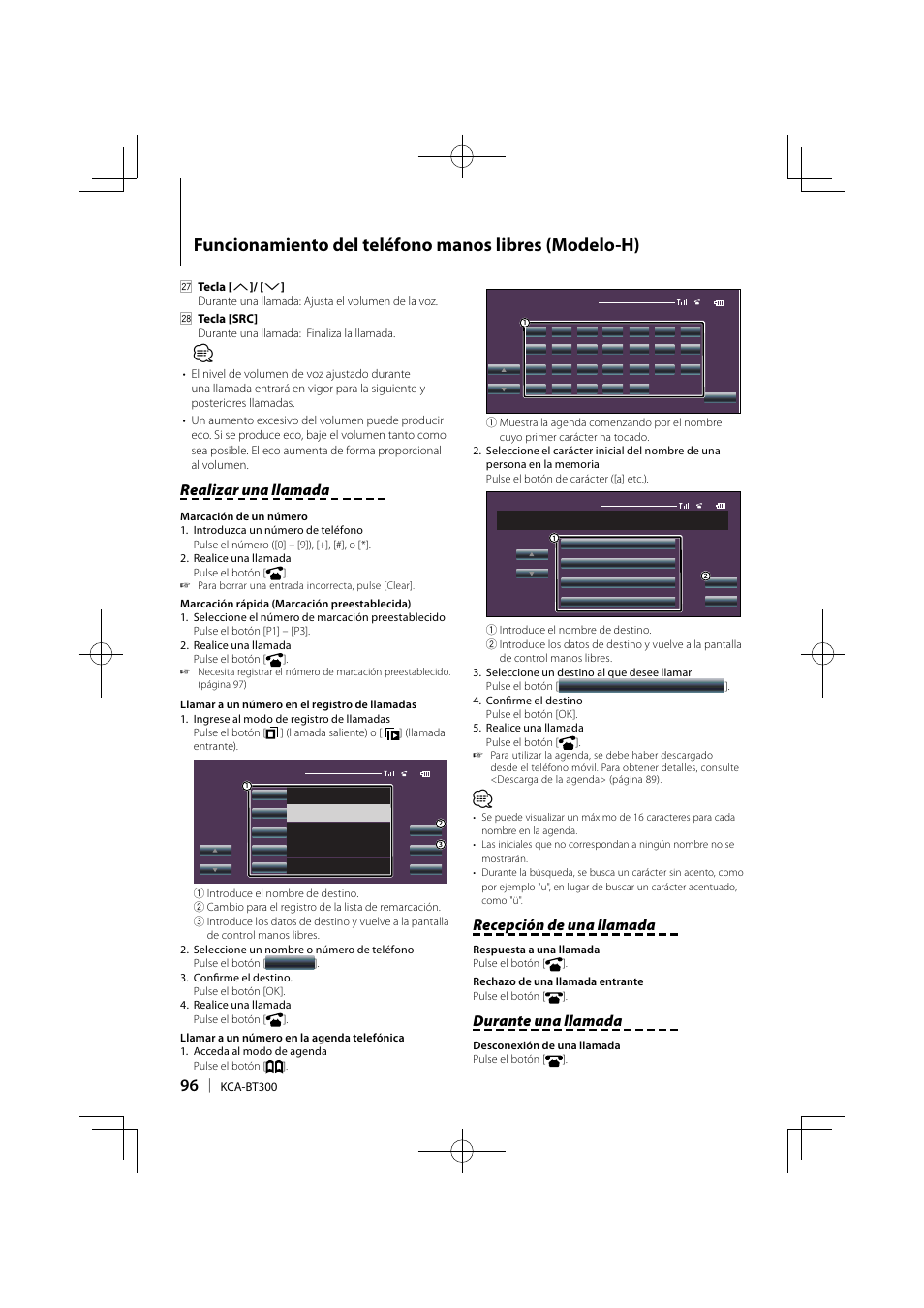 Realizar una llamada, Recepción de una llamada, Durante una llamada | Kenwood KCA-BT300 User Manual | Page 96 / 104