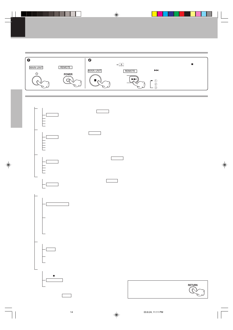 Set up functions, Preparation for set up, Set up menu | How to use the return key | Kenwood DVF-S500 User Manual | Page 14 / 40