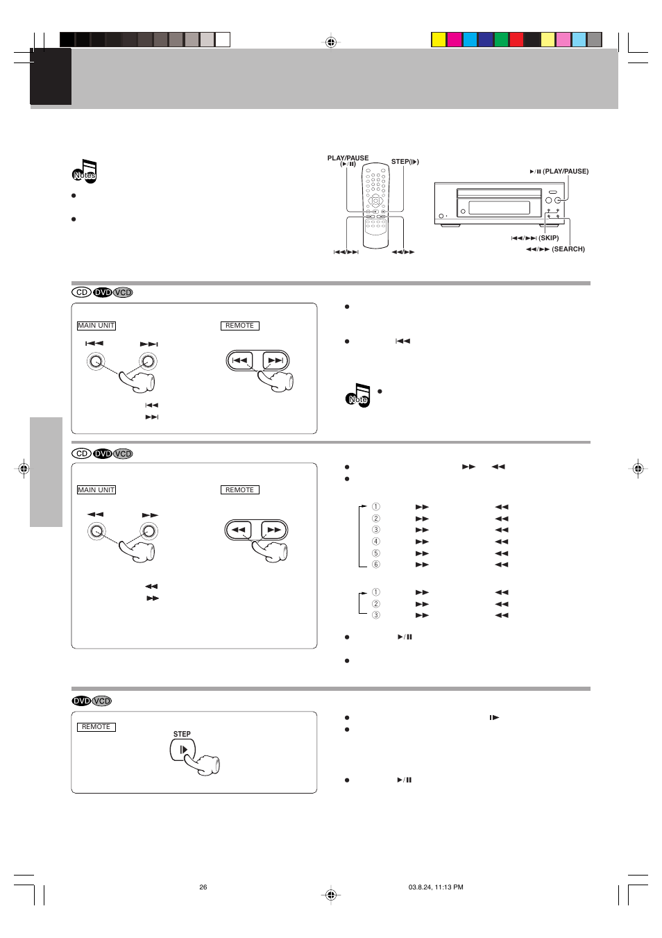 Disc playback features, Skipping chapters or tracks, Searching | Step (freeze frame and frame advance) | Kenwood DVF-S500 User Manual | Page 26 / 40