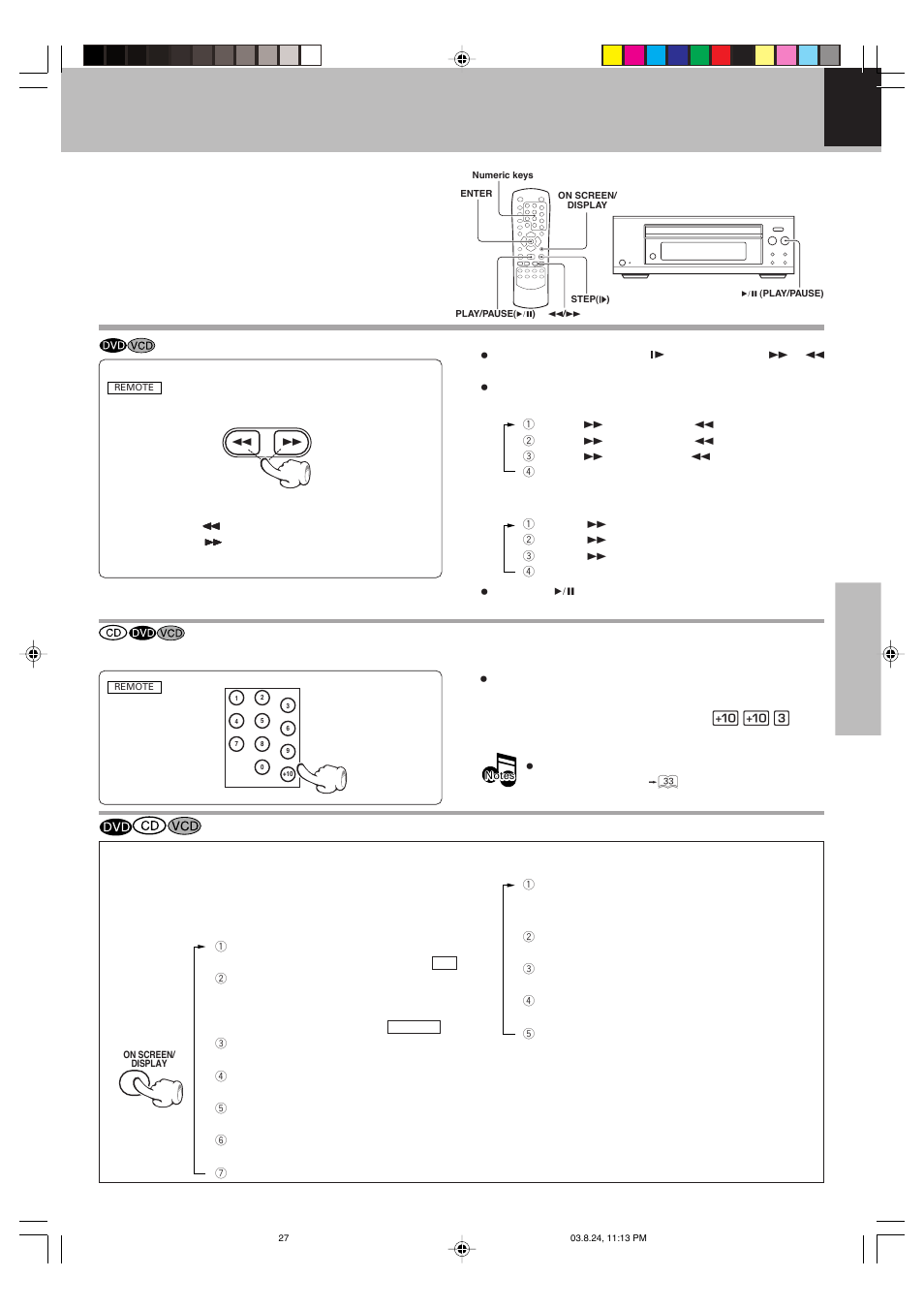 On screen display, Slow motion playback, Playback from desired track or title | Kenwood DVF-S500 User Manual | Page 27 / 40