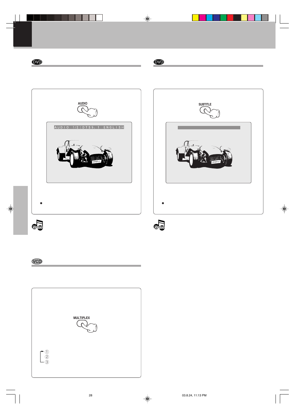 Various playback functions, Select audio language, Select the audio channel | Select subtitle language | Kenwood DVF-S500 User Manual | Page 28 / 40