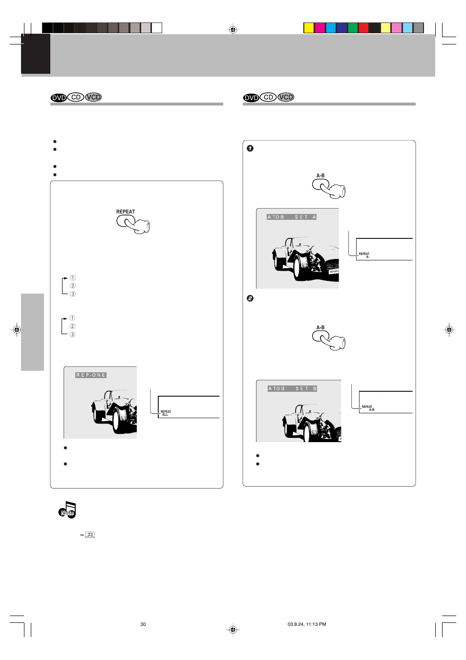 Repeat play, A-b repeat play, Playback of disc | Various playback function | Kenwood DVF-S500 User Manual | Page 30 / 40