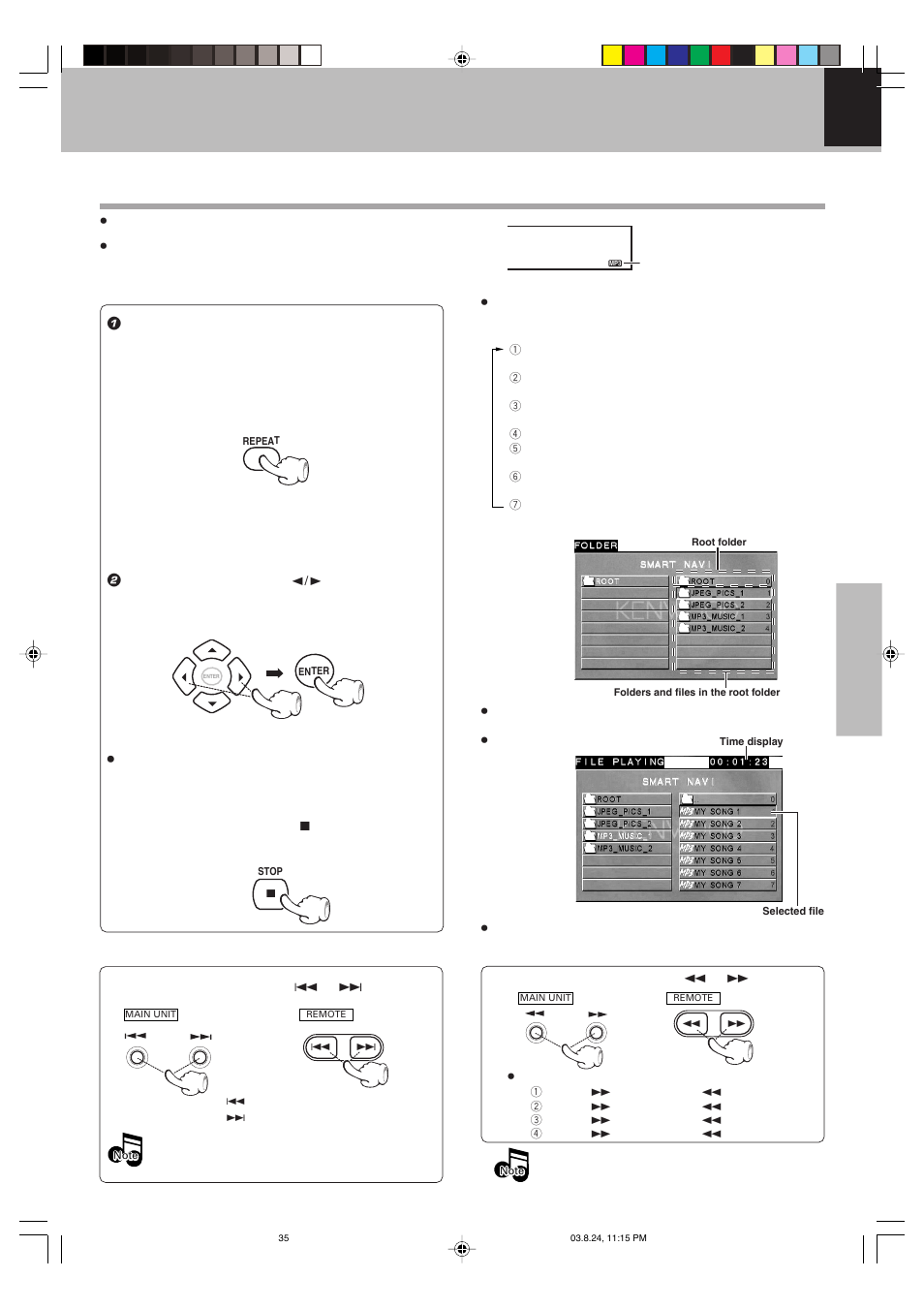 Playing back mp3/jpeg files, Playback, Skipping files | Searching (only for mp3 files) | Kenwood DVF-S500 User Manual | Page 35 / 40