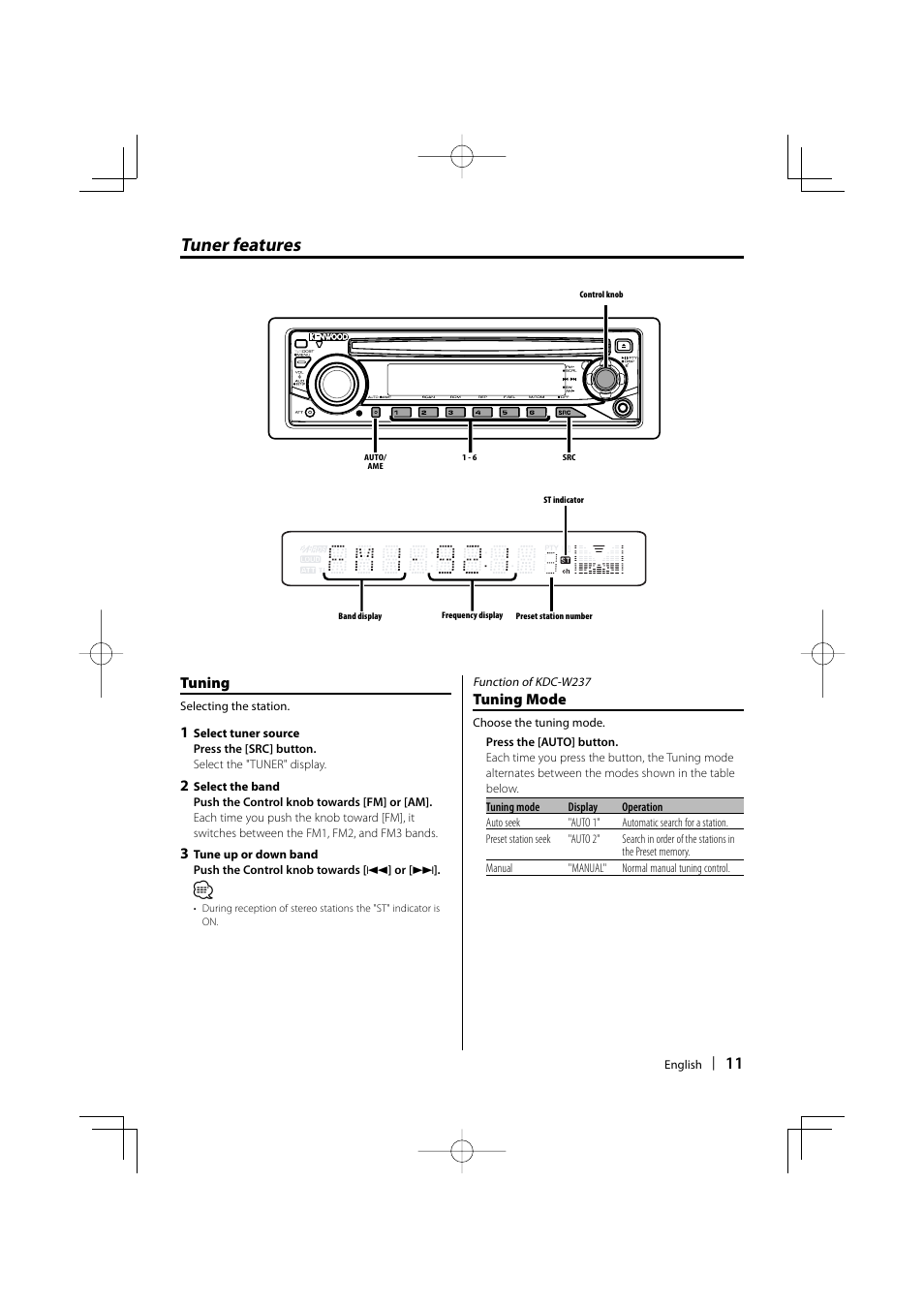 Tuner features, Tuning, Tuning mode | Kenwood KDC-W311 User Manual | Page 11 / 36