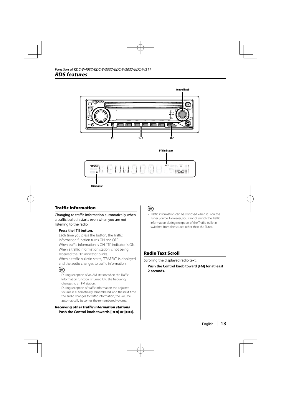 Rds features | Kenwood KDC-W311 User Manual | Page 13 / 36