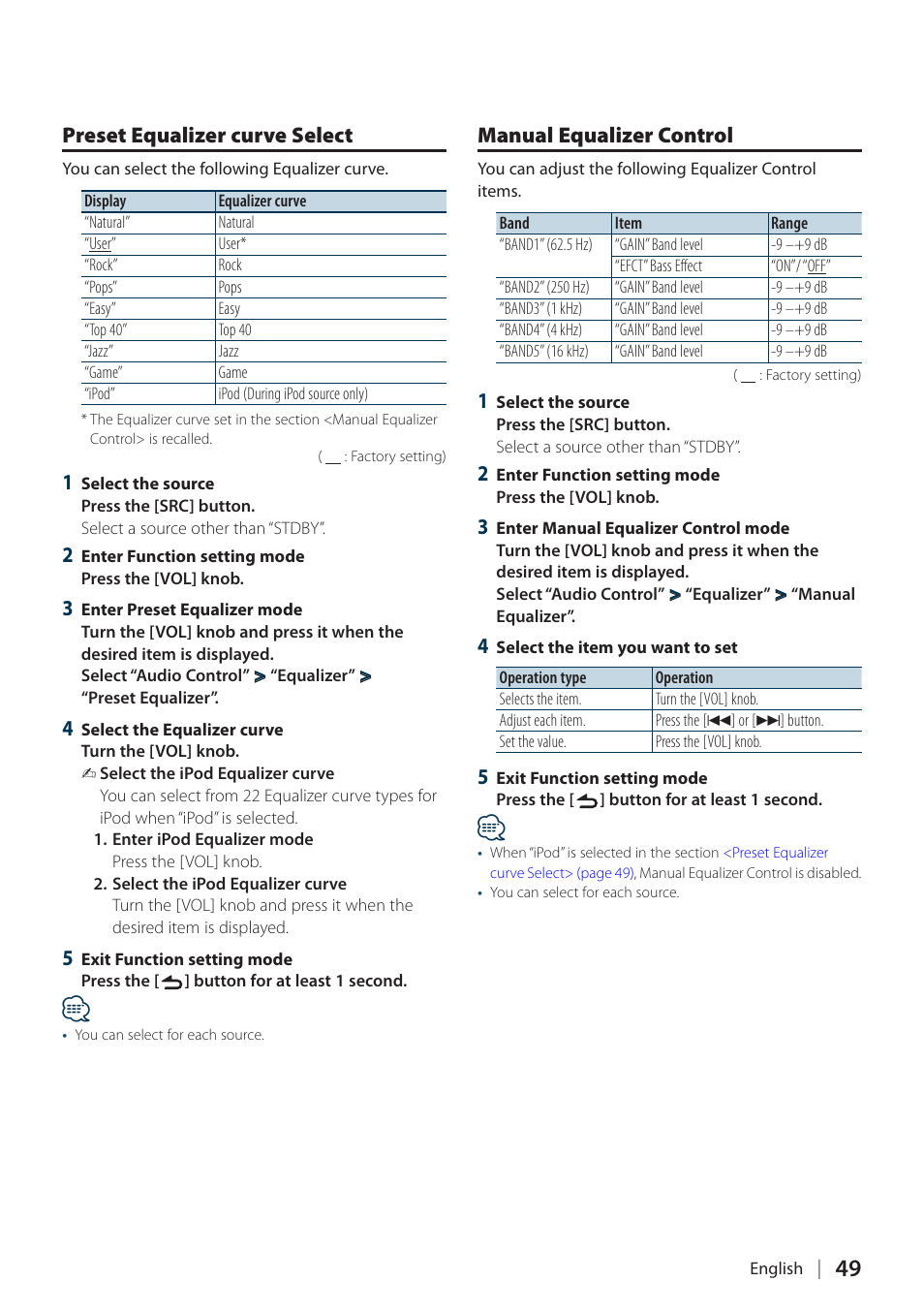 Preset equalizer curve select, Manual equalizer control | Kenwood DPX304 User Manual | Page 49 / 79