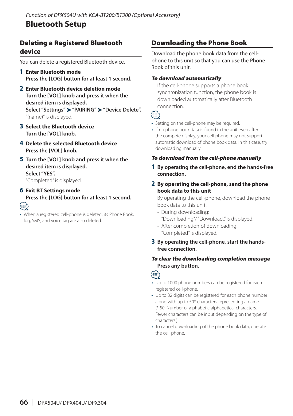 Deleting a registered bluetooth device, Downloading the phone book, Bluetooth setup | Kenwood DPX304 User Manual | Page 66 / 79