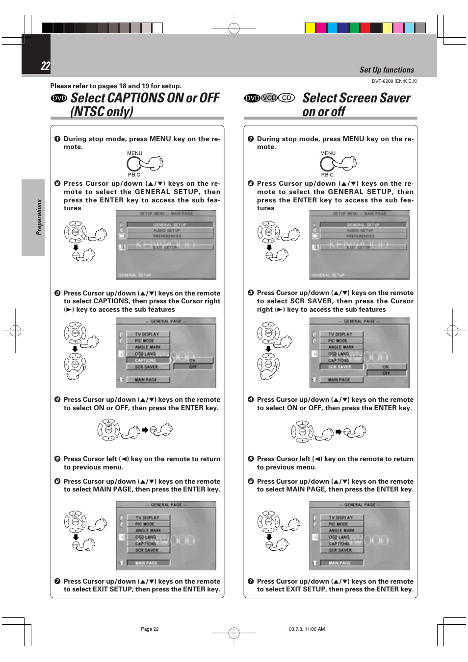 Select captions on or off (ntsc only), Select screen saver on or off | Kenwood DVT-6200 User Manual | Page 22 / 60