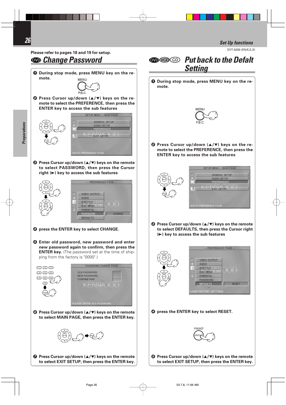 Change password, Put back to the defalt setting | Kenwood DVT-6200 User Manual | Page 26 / 60
