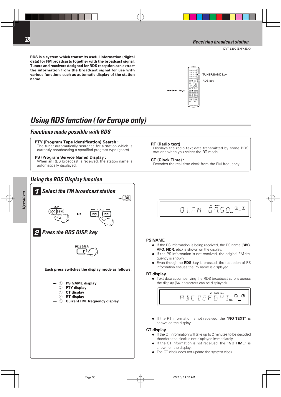 Using rds function ( for europe only), Functions made possible with rds, Press the rds disp. key | Kenwood DVT-6200 User Manual | Page 38 / 60