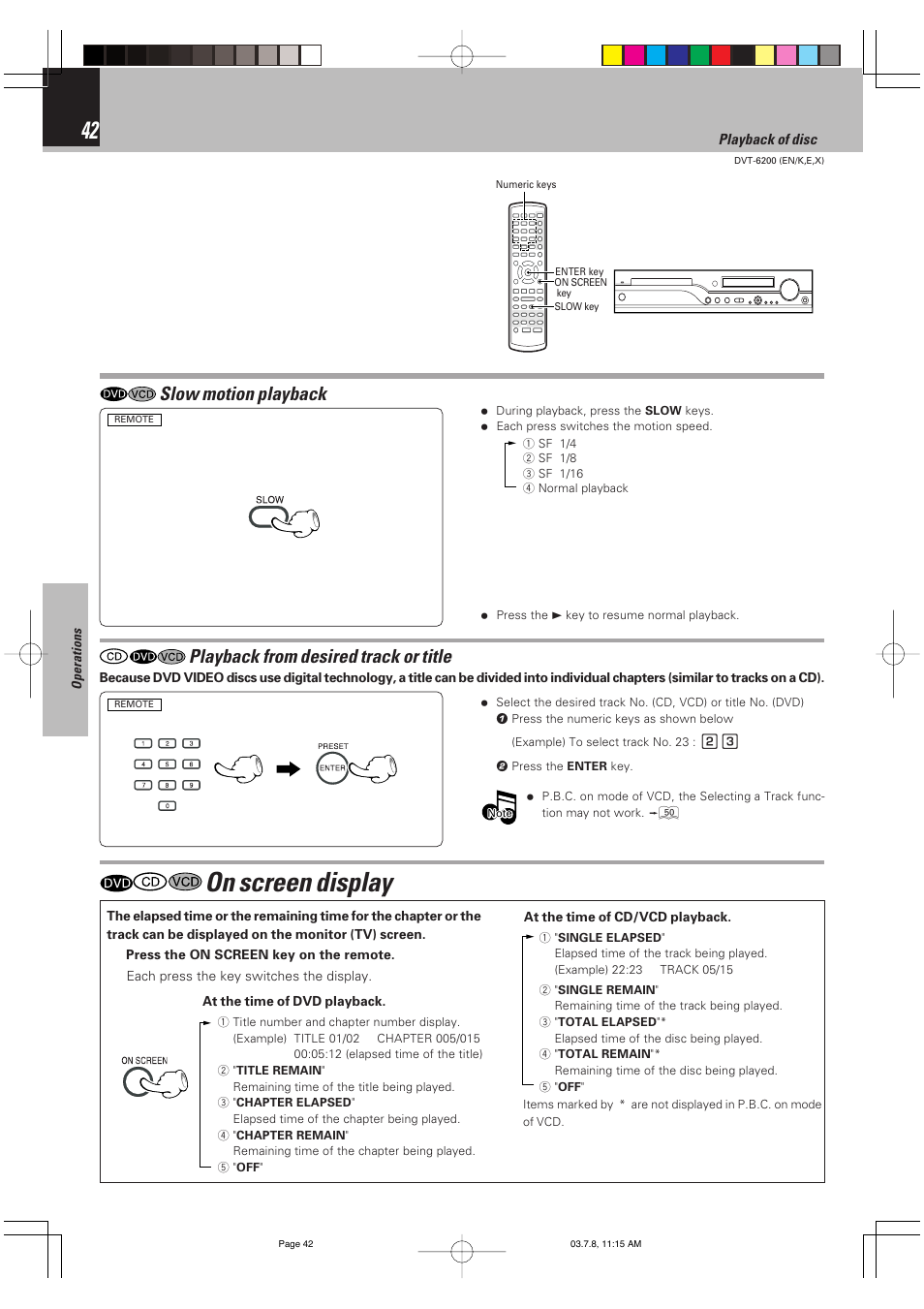 On screen display, Slow motion playback, Playback from desired track or title | Various playback functions | Kenwood DVT-6200 User Manual | Page 42 / 60