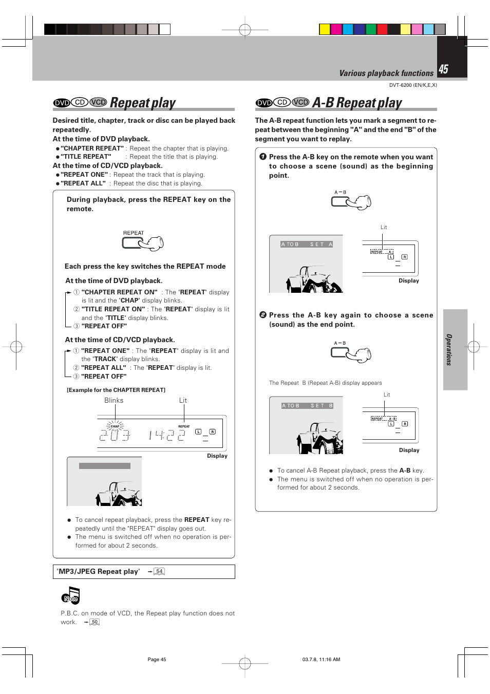 Repeat play, A-b repeat play, Various playback functions | Kenwood DVT-6200 User Manual | Page 45 / 60
