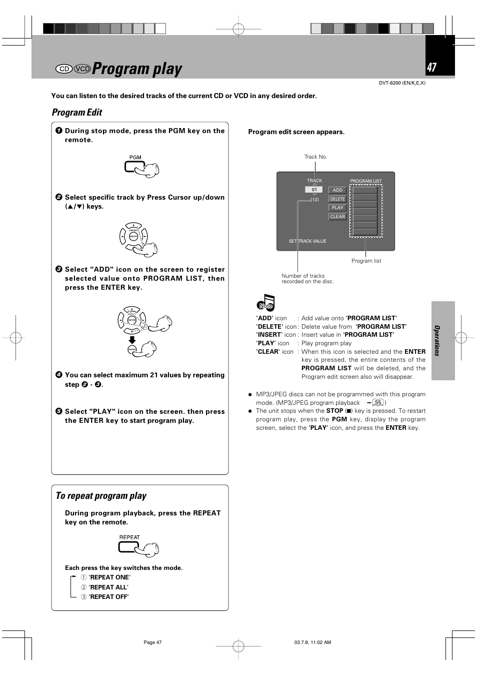 Program play, Program edit | Kenwood DVT-6200 User Manual | Page 47 / 60
