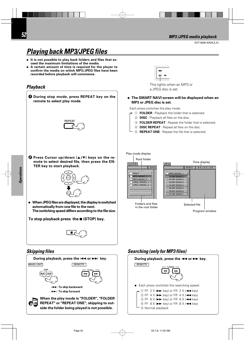 Playing back mp3/jpeg files, Playback, Skipping files | Searching (only for mp3 files), Mp3 /jpeg media playback | Kenwood DVT-6200 User Manual | Page 52 / 60