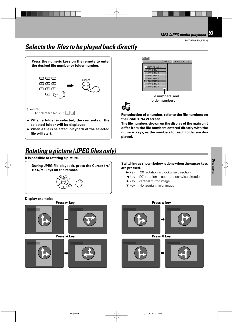 Selects the files to be played back directly, Rotating a picture (jpeg files only), Mp3 /jpeg media playback | Kenwood DVT-6200 User Manual | Page 53 / 60