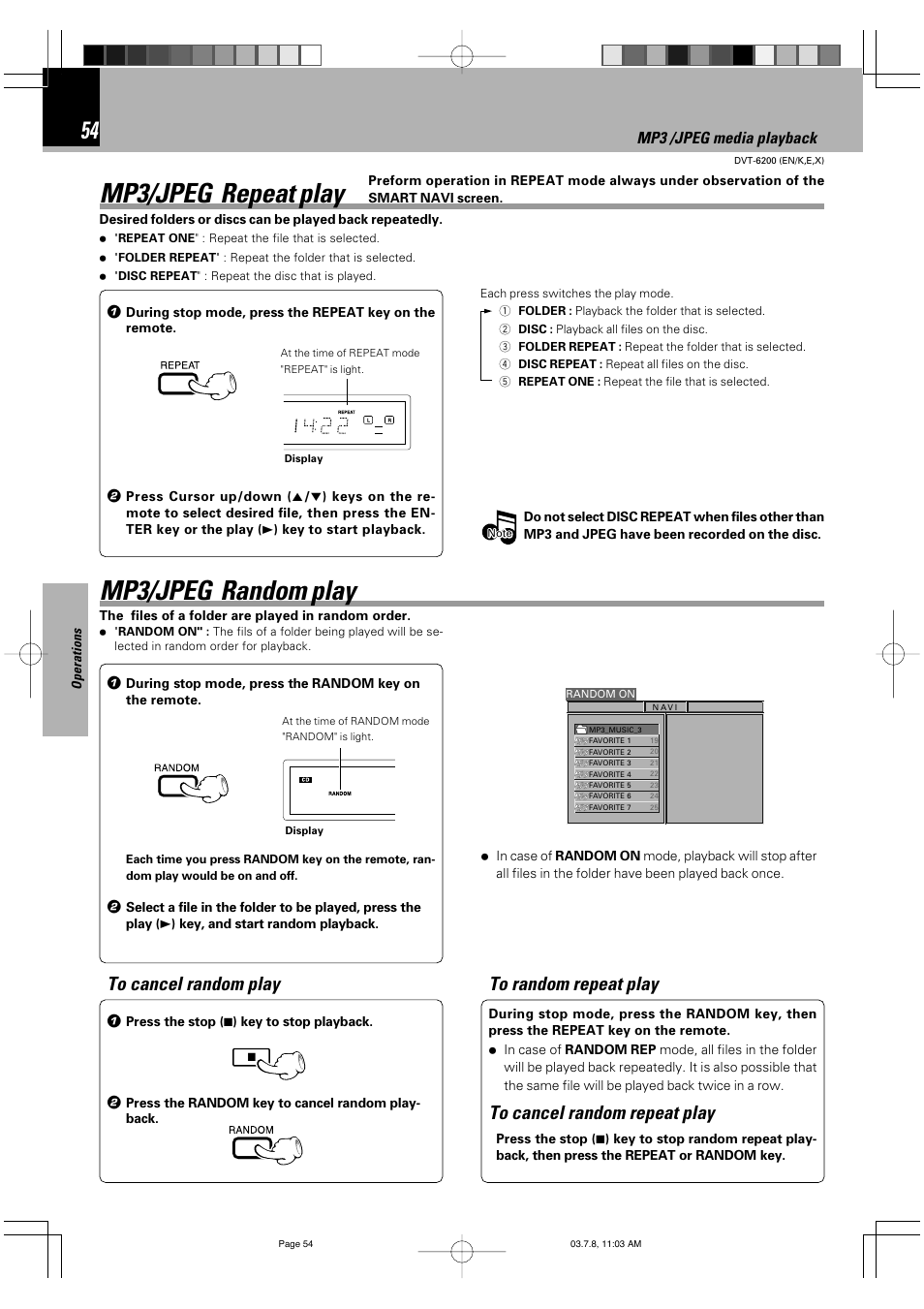 Mp3/jpeg repeat play, Mp3/jpeg random play, Mp3 /jpeg media playback | Kenwood DVT-6200 User Manual | Page 54 / 60