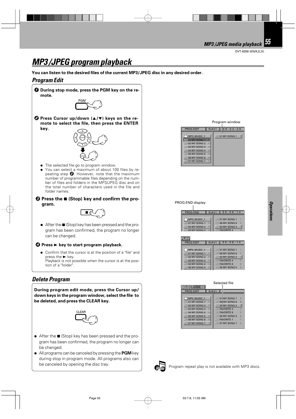 Mp3 /jpeg program playback, Program edit, Delete program | Mp3 /jpeg media playback, 3 press the 7 (stop) key and confirm the pro- gram, Operations, Press 3 key to start program playback | Kenwood DVT-6200 User Manual | Page 55 / 60
