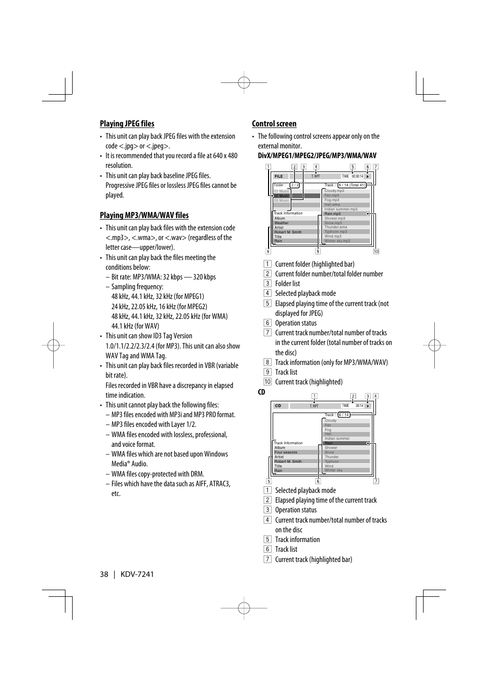 Playing jpeg files, Playing mp3/wma/wav files, Control screen | Kenwood KDV-7241 User Manual | Page 38 / 45