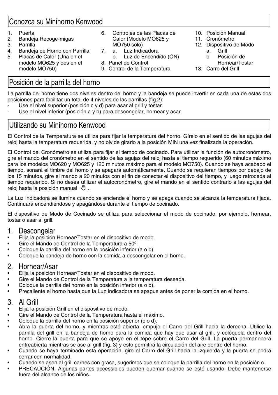 Descongelar, Hornear/asar, Al grill | Kenwood Mini Oven User Manual | Page 46 / 57