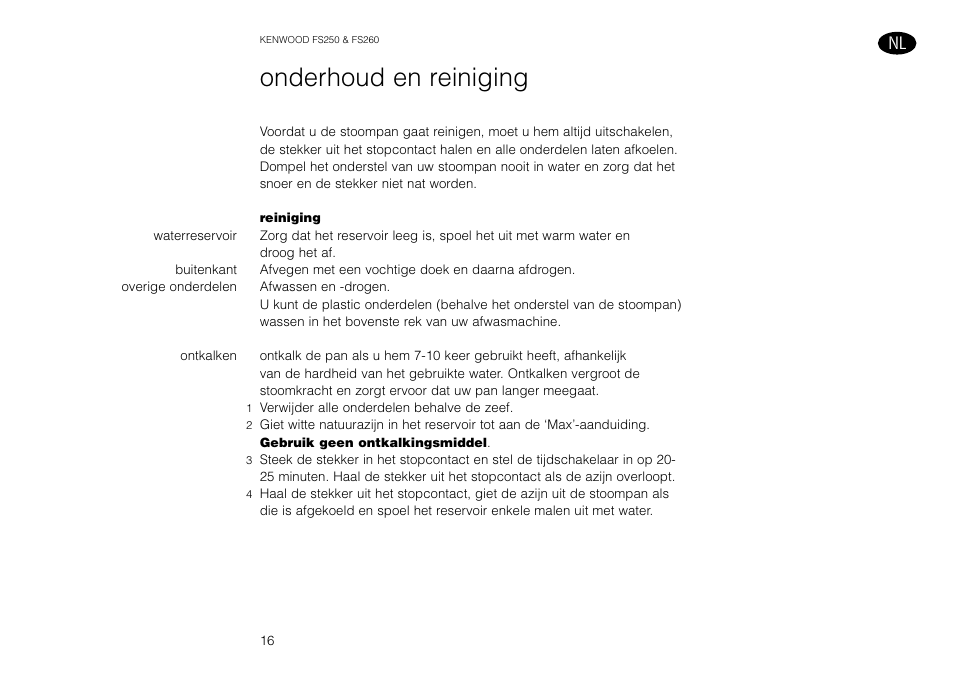 Onderhoud en reiniging | Kenwood FS260 User Manual | Page 17 / 49
