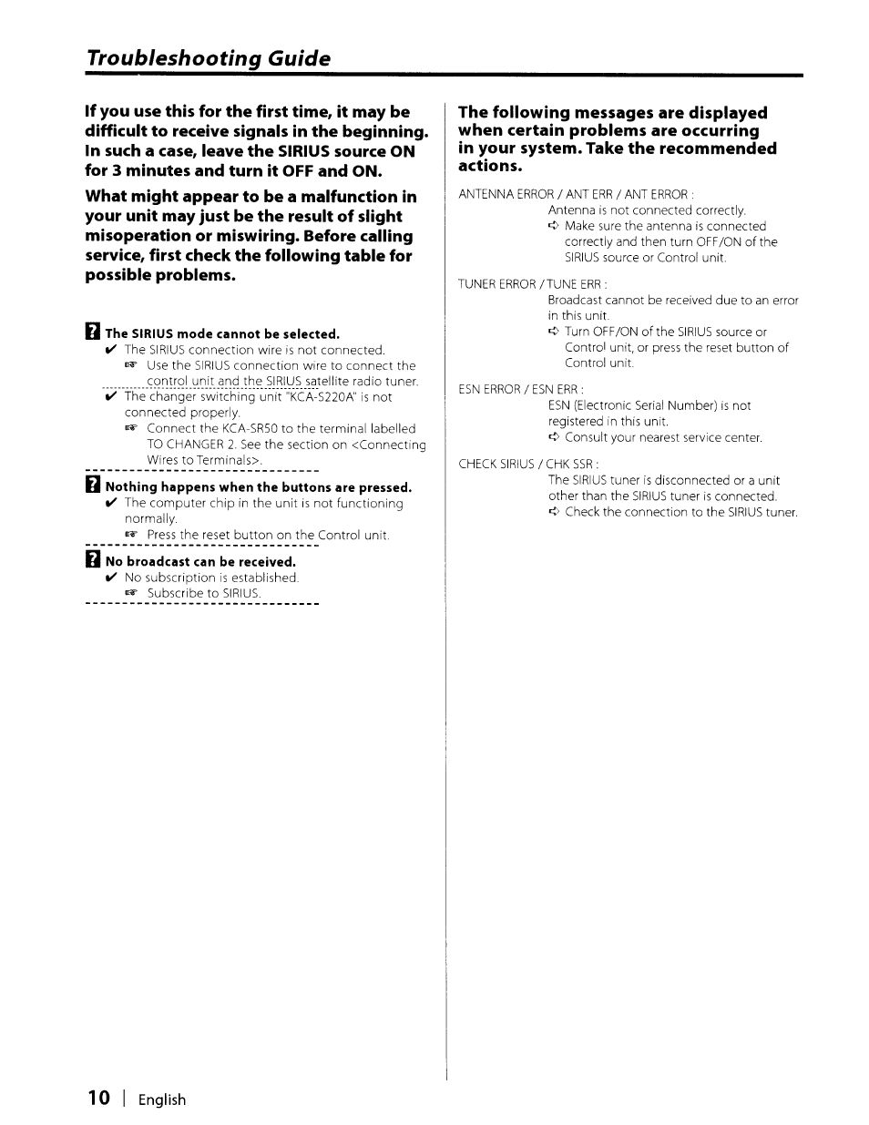 Troubleshooting guide, Bl the sirius mode cannot be selected, 10 i | Kenwood KCA-SR50 User Manual | Page 10 / 12