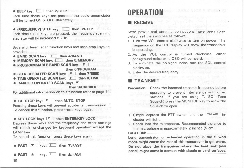 Programmable band scan key: eh, Carrier operated scan key: eh, Tx. stop key: ed then m/tx. stop | Key lock key: e3 then enter/key lock, Fast ed key: ed then t/fast, Fast i a i key: i i then a/fast, Operation | Kenwood TH-415A User Manual | Page 10 / 20