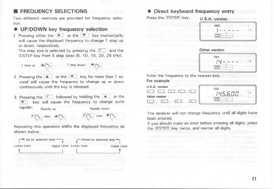 I i_____________t, Frequency selections, Up/down key frequency selection | Direct keyboard frequency entry | Kenwood TH-415A User Manual | Page 11 / 20