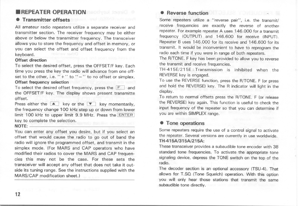 Transmitter offsets, Reverse function, Tone operations | Repeater operation | Kenwood TH-415A User Manual | Page 12 / 20