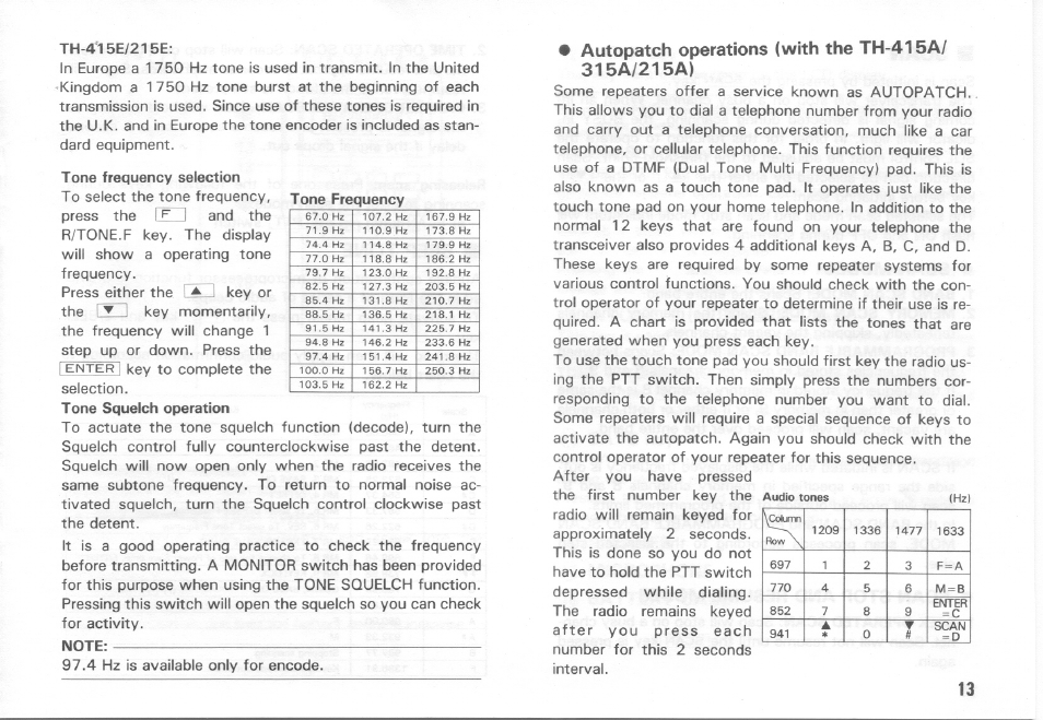 Th-415e/215e, Tone frequency selection, Note | Autopatch operations (with the th-415a/ 315a/215a), Frequency selection | Kenwood TH-415A User Manual | Page 13 / 20