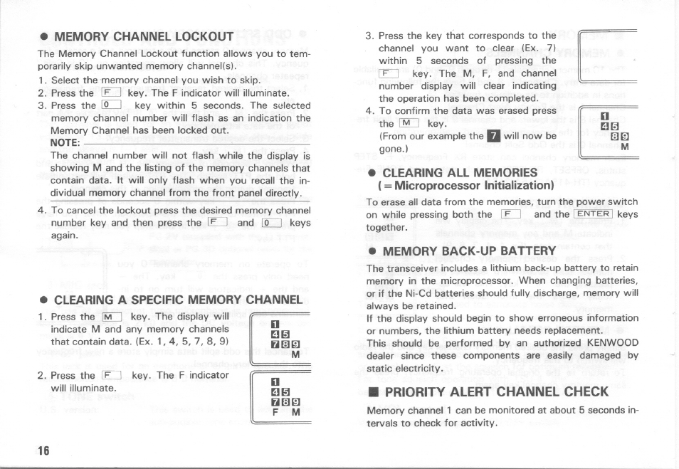 Clearing a specific memory channel, Memory back-up battery, Priority alert channel check | Kenwood TH-415A User Manual | Page 16 / 20