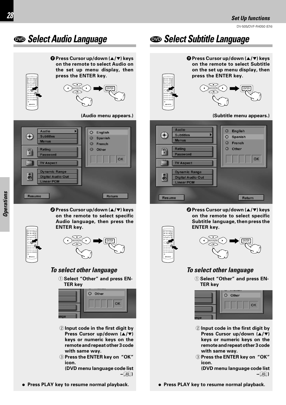 Select audio language, Select subtitle language | Kenwood DVF-R4050 User Manual | Page 28 / 44