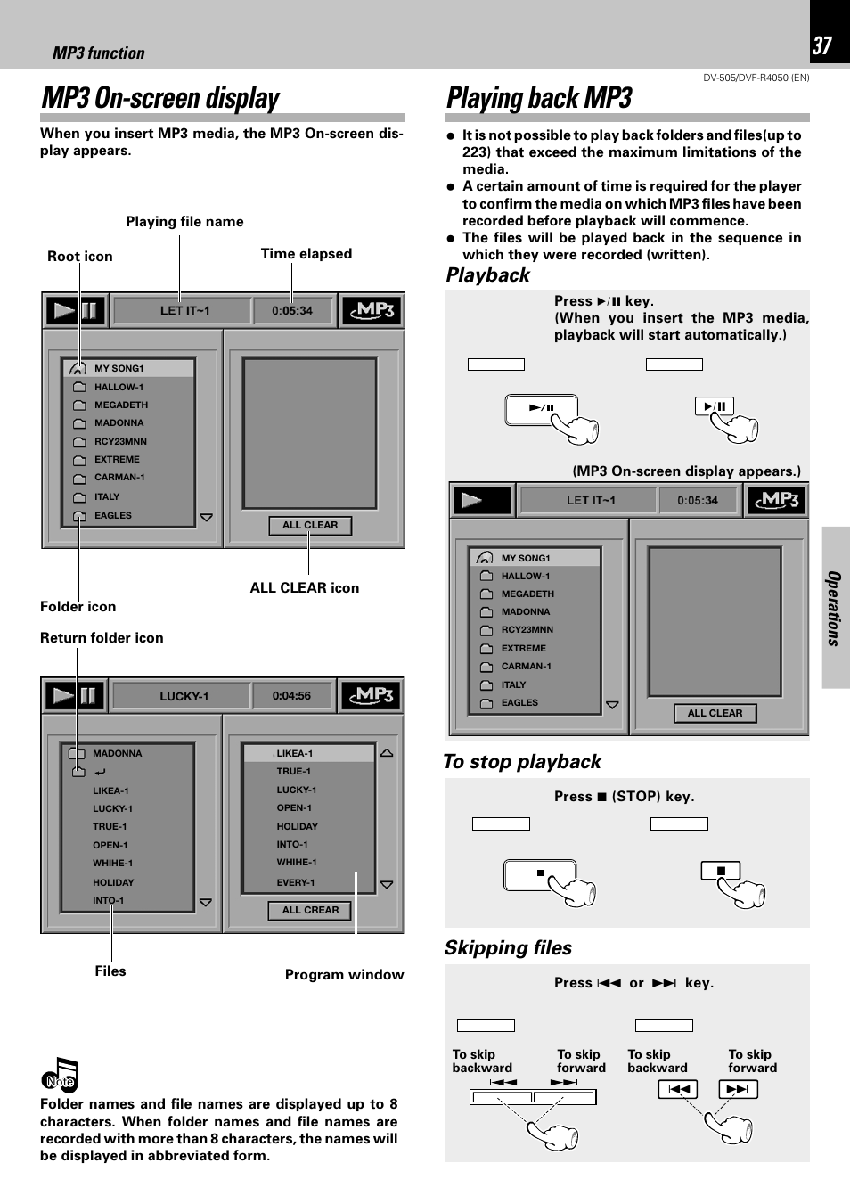 Mp3 on-screen display playing back mp3, Playback, Skipping files | Operations, Mp3 function | Kenwood DVF-R4050 User Manual | Page 37 / 44